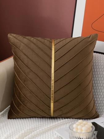 Metallic Seaming Cushion Cover Without Filler, Coffee Brown Flannelette Throw Pillow Case, For Sofa, Couch