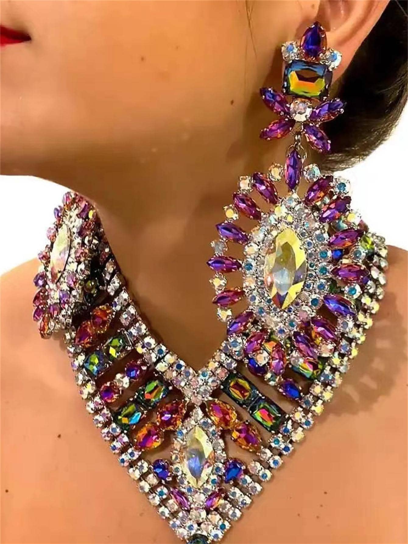水鑽裝飾耳墜和項鏈 - 彩色 - 查看 1