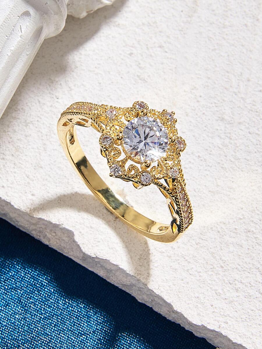 1入組方晶鋯石裝飾戒指銅首飾類 - 金黃色 - 查看 1