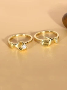 2件套時尚銅手裝飾戒指適合女士日常生活、時尚外觀、派對禮物 - 金色 - 查看 1