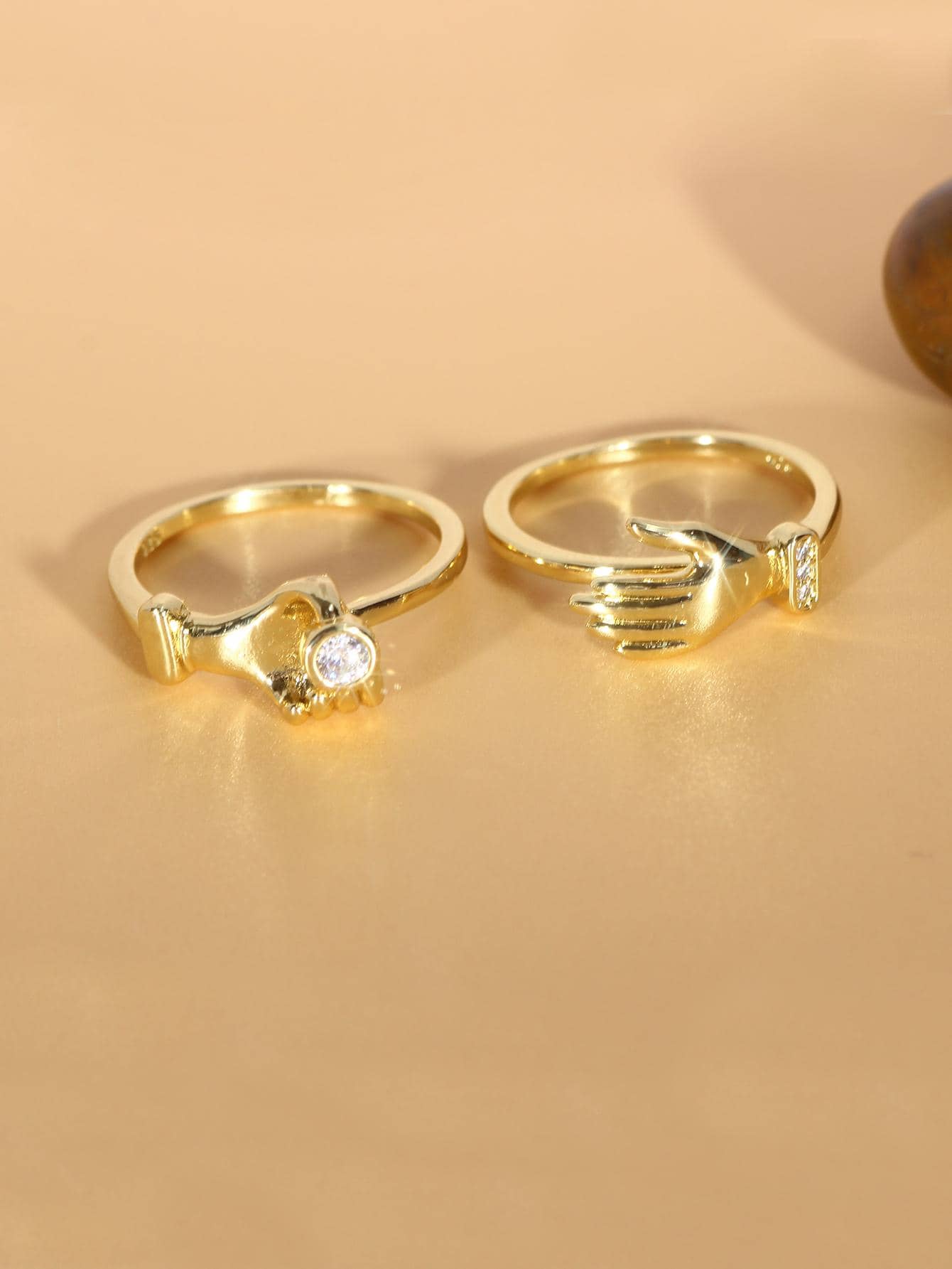 2件套時尚銅手裝飾戒指適合女士日常生活、時尚外觀、派對禮物 - 金色 - 查看 1