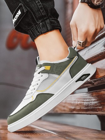 運動鞋適用於男士撞色前綁帶板鞋