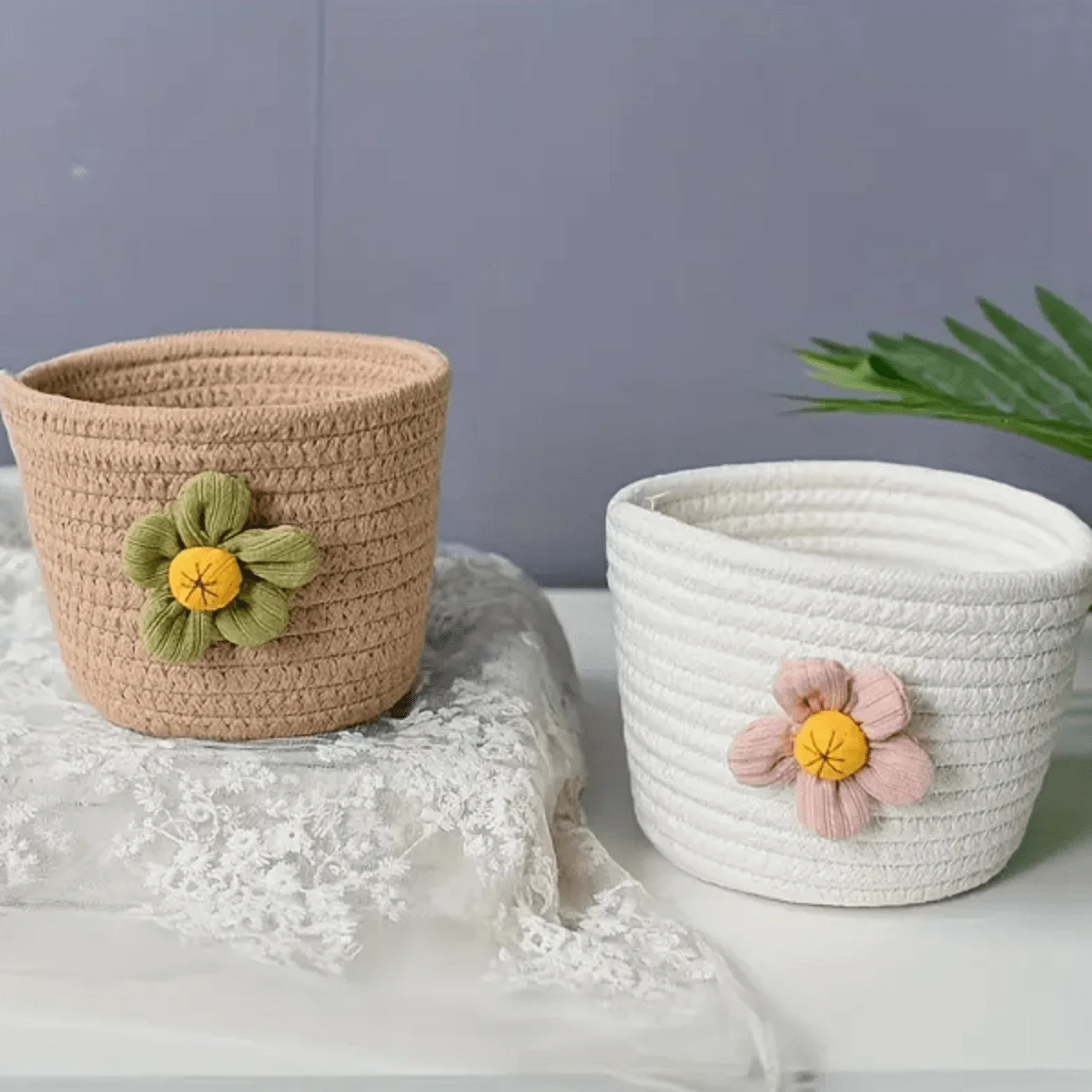 1pc Rope Basket, Woven Basket, Desktop Storage Box, Sundries Storage Organizer, Household Storage Container - White - View 1