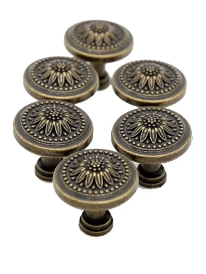 6pcs Flower Detail Round Decor Cabinet Pull, Bronze Zinc Alloy Door Knob For Home