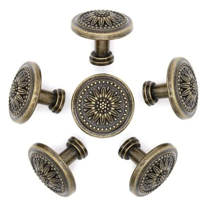 6pcs Flower Detail Round Decor Cabinet Pull, Bronze Zinc Alloy Door Knob For Home