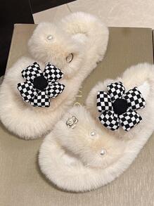 女士珍珠和花朵裝飾毛茸茸臥室時尚拖鞋