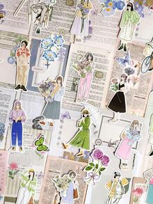 80入組/包蝴蝶和人物圖形組合貼紙用於DIY工藝複古多用途裝飾貼紙手帳 - 紫色 - 查看 3