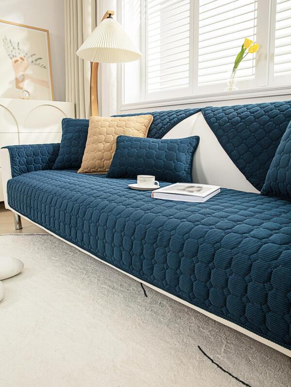 1pc Quilted Detail Antislip Sofa Towel, Navy Blue Polyester Sofa Seat Liner For All Season