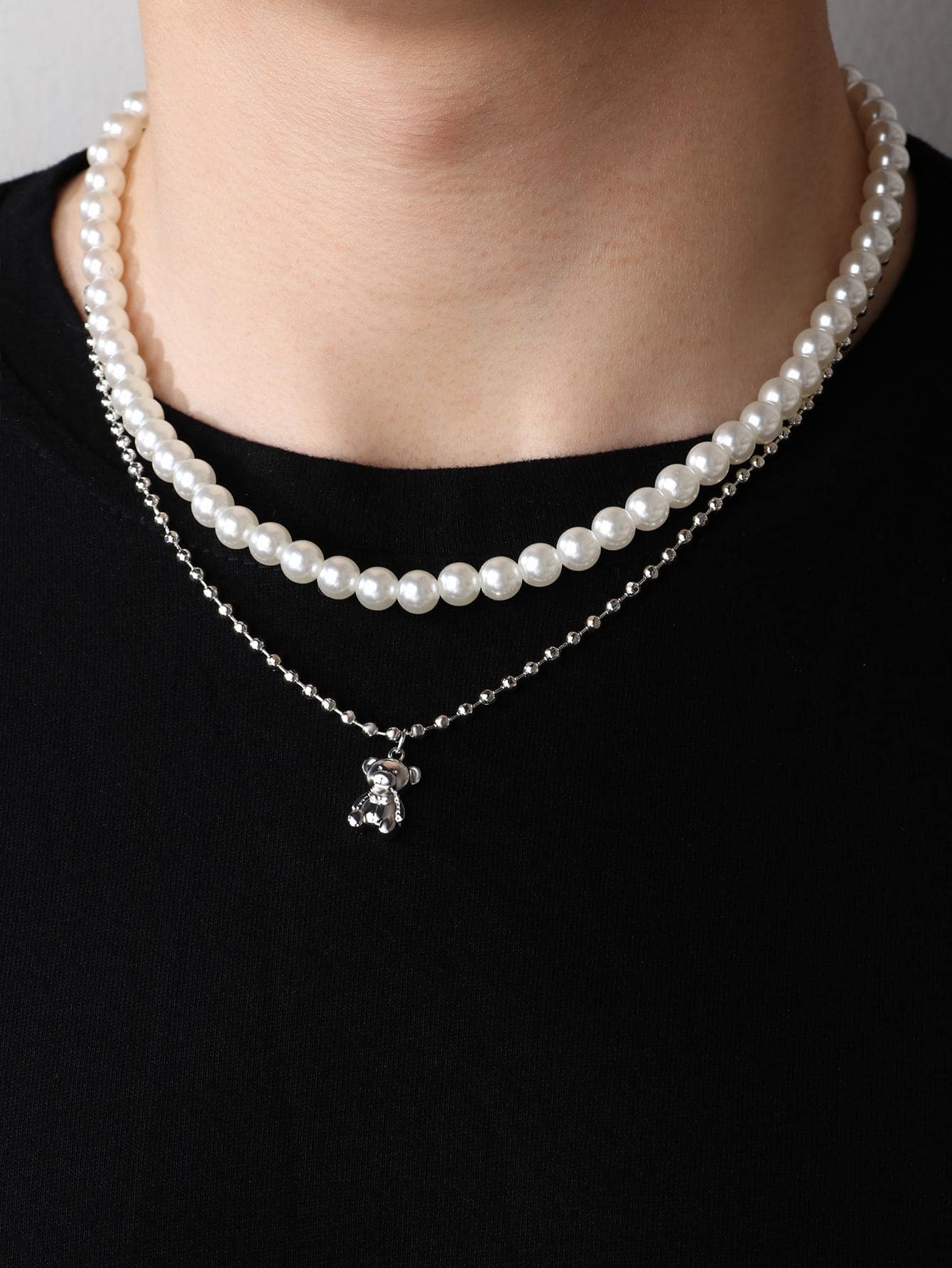 1條男士時尚雙層假珍珠熊吊墜項鍊,嘻哈風格,適用於珠寶禮物和派對 - 銀色 - 查看 1