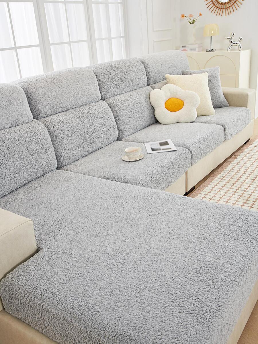 1pc Solid Color Stretchy Plush Sofa Seat Cover, Light Grey Polyester Sofa Seat Dust Cover For Living Room - Light Grey - View 1