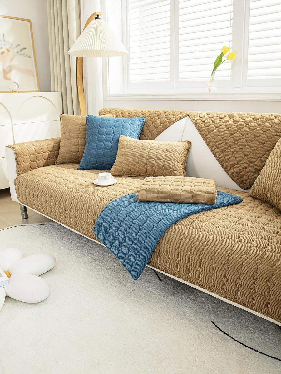 1入组絎縫細節防滑沙發巾卡其色滌綸沙發座墊四季皆宜 - 卡其色 - 查看 1