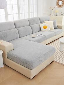 1pc Solid Color Stretchy Plush Sofa Seat Cover, Light Grey Polyester Sofa Seat Dust Cover For Living Room - Light Grey - View 8