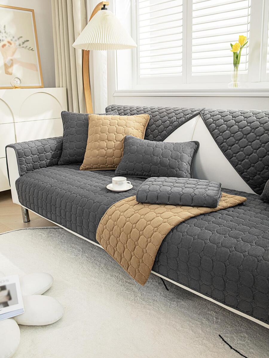 Bộ 1 Khăn Sofa chống trượt có chi tiết chần bông, Đệm ghế Sofa Polyester màu xám đậm, Hoàn hảo cho tất cả các mùa - Màu xám đen - Xem 1