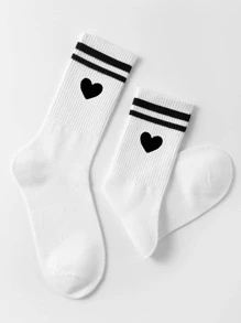 1pair Men Heart & Striped Pattern Fashion Crew Socks For Daily Life - Black and White - View 5