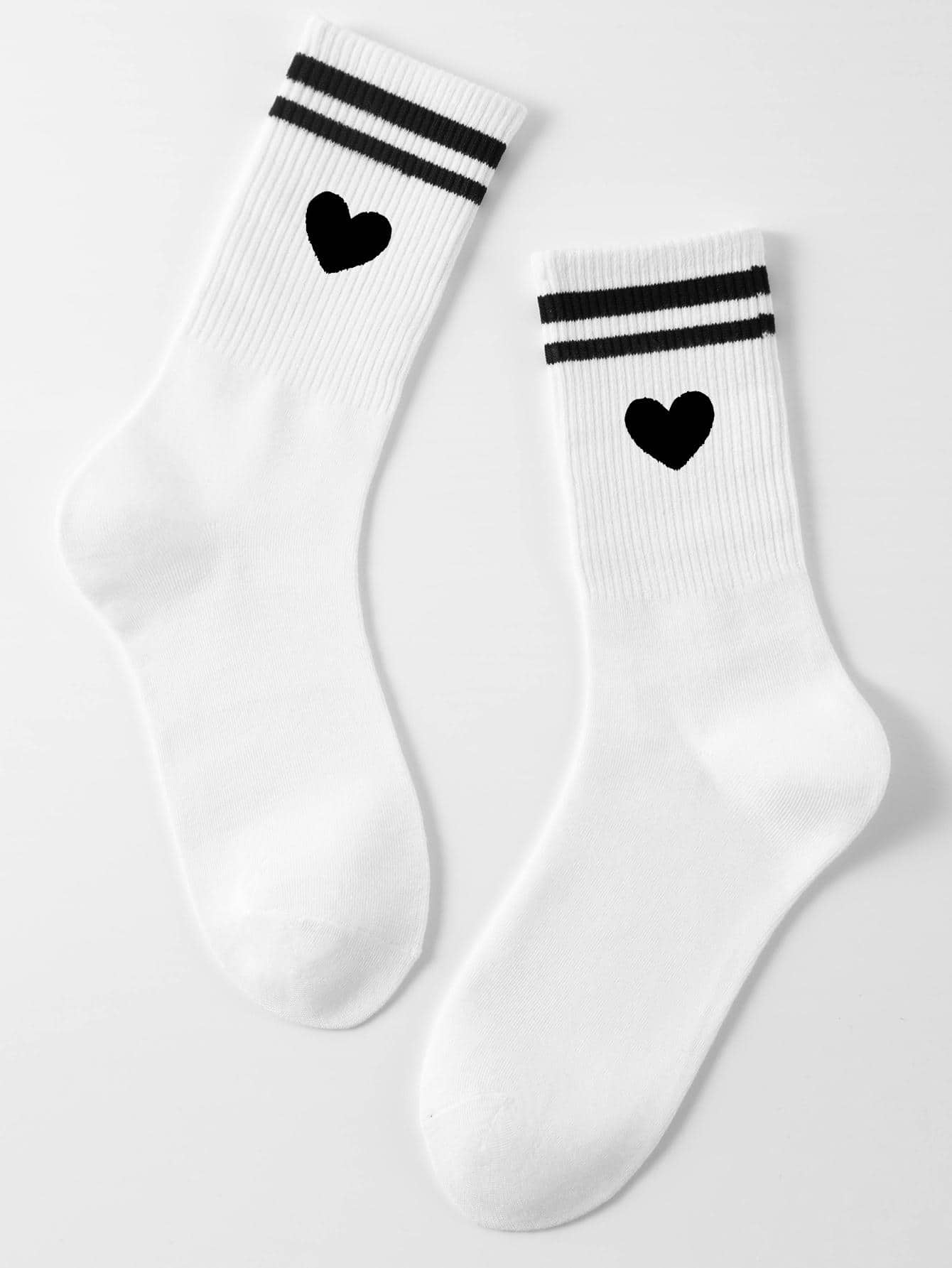1pair Men Heart & Striped Pattern Fashion Crew Socks For Daily Life - Black and White - View 1
