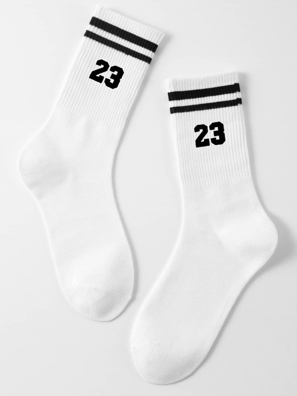 1pair Men Number & Striped Pattern Casual Crew Socks For Daily Life