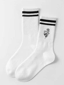 1pair Men Skull & Rose Pattern Fashionable Crew Socks For Daily Decoration, Fall - Black and White - View 4