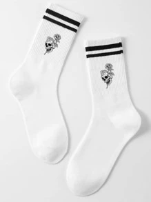1pair Men Skull & Rose Pattern Fashionable Crew Socks For Daily Decoration, Fall - Black and White - View 1