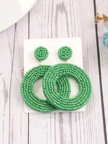 Beaded Round Drop Earrings - Green - View 3