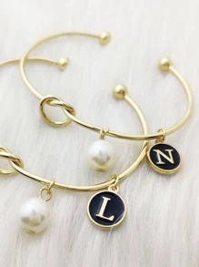 1pc Fashionable Letter Detail Round & Faux Pearl Charm Cuff Bangle For Women For Gift - Yellow Gold - View 5