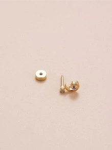 1 PC Thời Trang Đơn Giản Hình Trăng Lưỡi Liềm & Ngôi Sao Micro Dát CZ Sụn Thép Không Gỉ Bông Bông Tai - Vàng - Xem 2