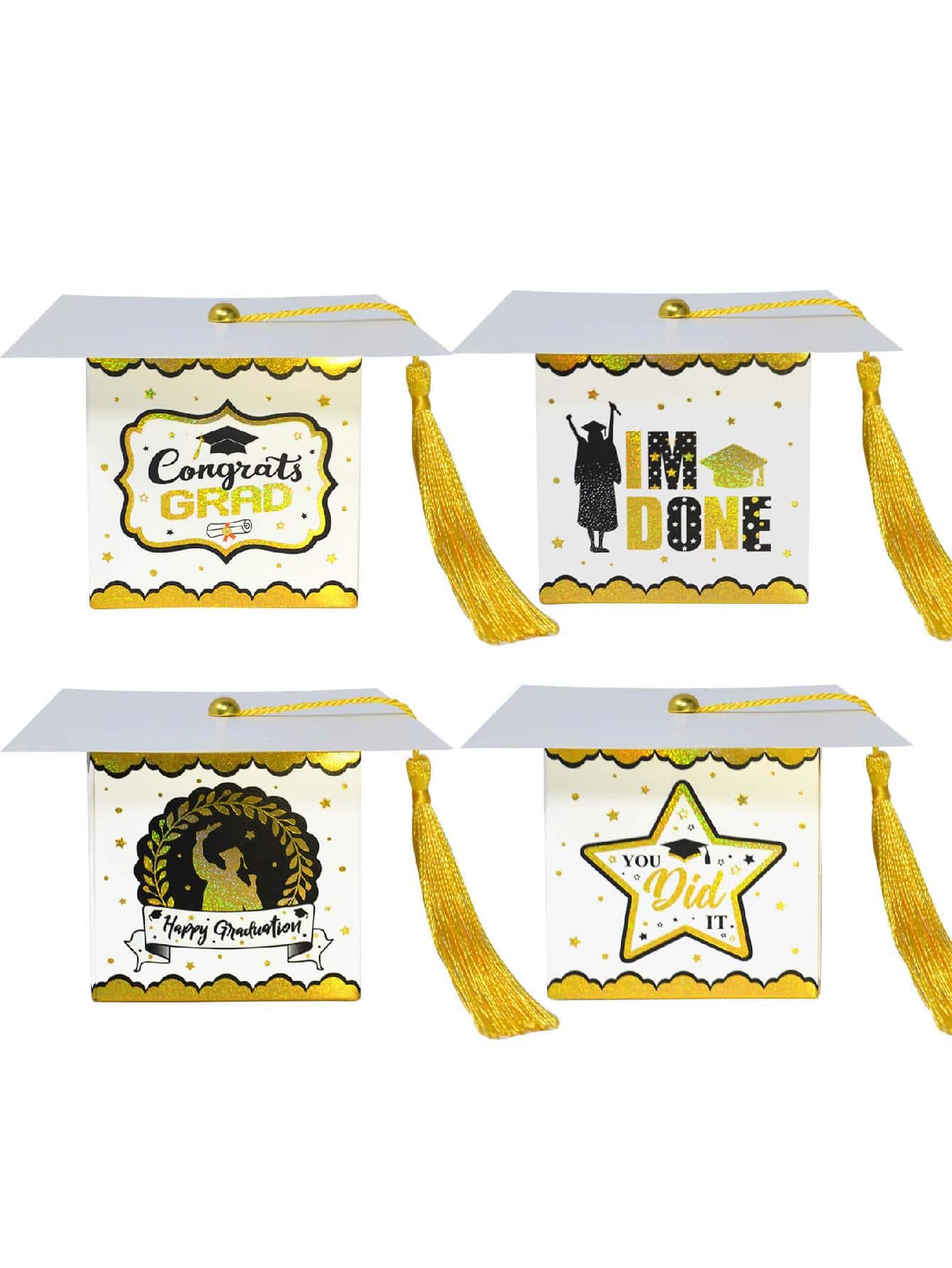 6pcs Bachelor Cap Design Tassel Decor Gift Box, Paper Candy Box For Graduation Party - Black and White - View 1