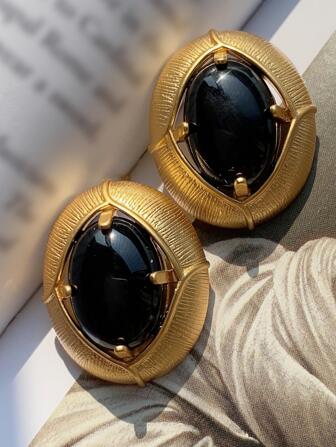 1pair French Vintage Court Style Oval Black Agate Stone Stud Earrings With Unique Middle Age Design