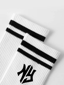 1pair Men's/Women's/Couples' Double-Bar Athletic Letter Printed Mid-Calf Socks, Soft, Comfortable And Breathable, Suitable For Students Returning To School And Daily Use, Fall - Black and White - View 4