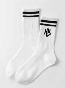 1pair Men's/Women's/Couples' Double-Bar Athletic Letter Printed Mid-Calf Socks, Soft, Comfortable And Breathable, Suitable For Students Returning To School And Daily Use, Fall - Black and White - View 5