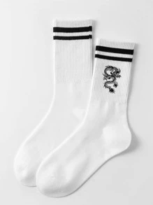 1pair Men Dragon Pattern Fashion Crew Socks For Daily Life, Fall - Black and White - View 4
