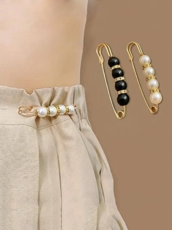 Elegant 2pcs Women Rhinestone & Faux Pearl Decor Fashionable Waist Tightening Pin For Daily Life Summer, School Fall, Autumn, Halloween
