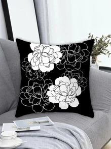 1入組無填充物花卉印花靠墊套現代織物抱枕套適用於沙發、沙發 - 黑與白 - 查看 1