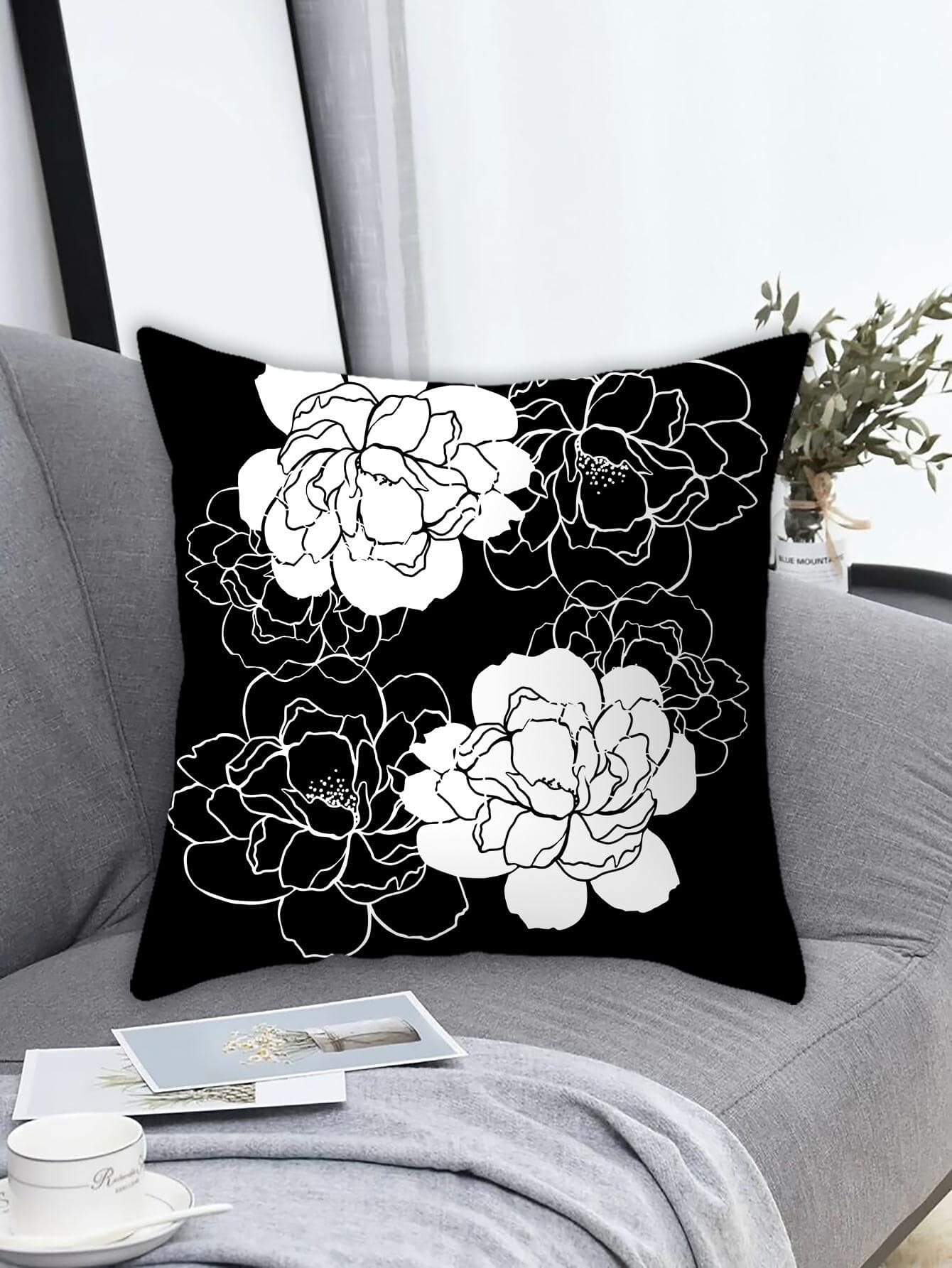 1入組無填充物花卉印花靠墊套現代織物抱枕套適用於沙發、沙發 - 黑與白 - 查看 1