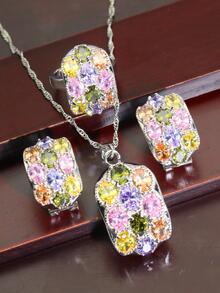 4入組奢華彩色立方氧化鋯鑲嵌耳環、戒指、吊墜項鏈珠寶套裝 - 彩色 - 查看 1