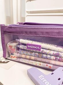 MOKA 1 pieza con diseño de parche unicolor transparente Papelería simple multicapas de gran capacidad Pluma Bolso para alumno Papelería Organizador - Negro - Ver 4