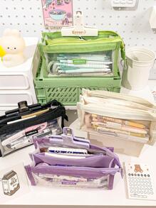 MOKA 1 pieza con diseño de parche unicolor transparente Papelería simple multicapas de gran capacidad Pluma Bolso para alumno Papelería Organizador - Negro - Ver 3