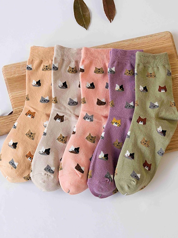 5pairs Cartoon Cat Pattern Crew Socks - Multicolor - View 1