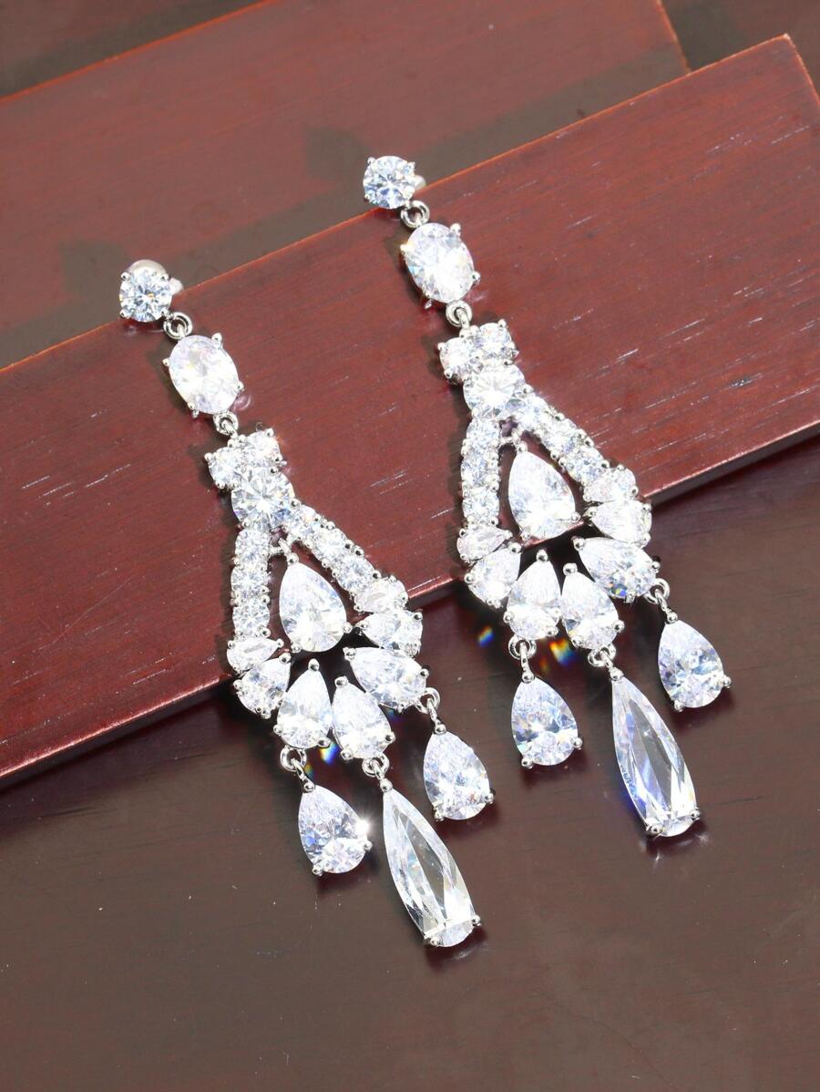 2pcs Luxury Zirconia Inlaid Earrings Wedding Jewelry - White - View 1