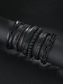 6 件复古编织皮革手链 DIY 套装，男士腕带配饰适合日常佩戴，是送给朋友和家人的绝佳礼物 - 黑色 - 查看 1