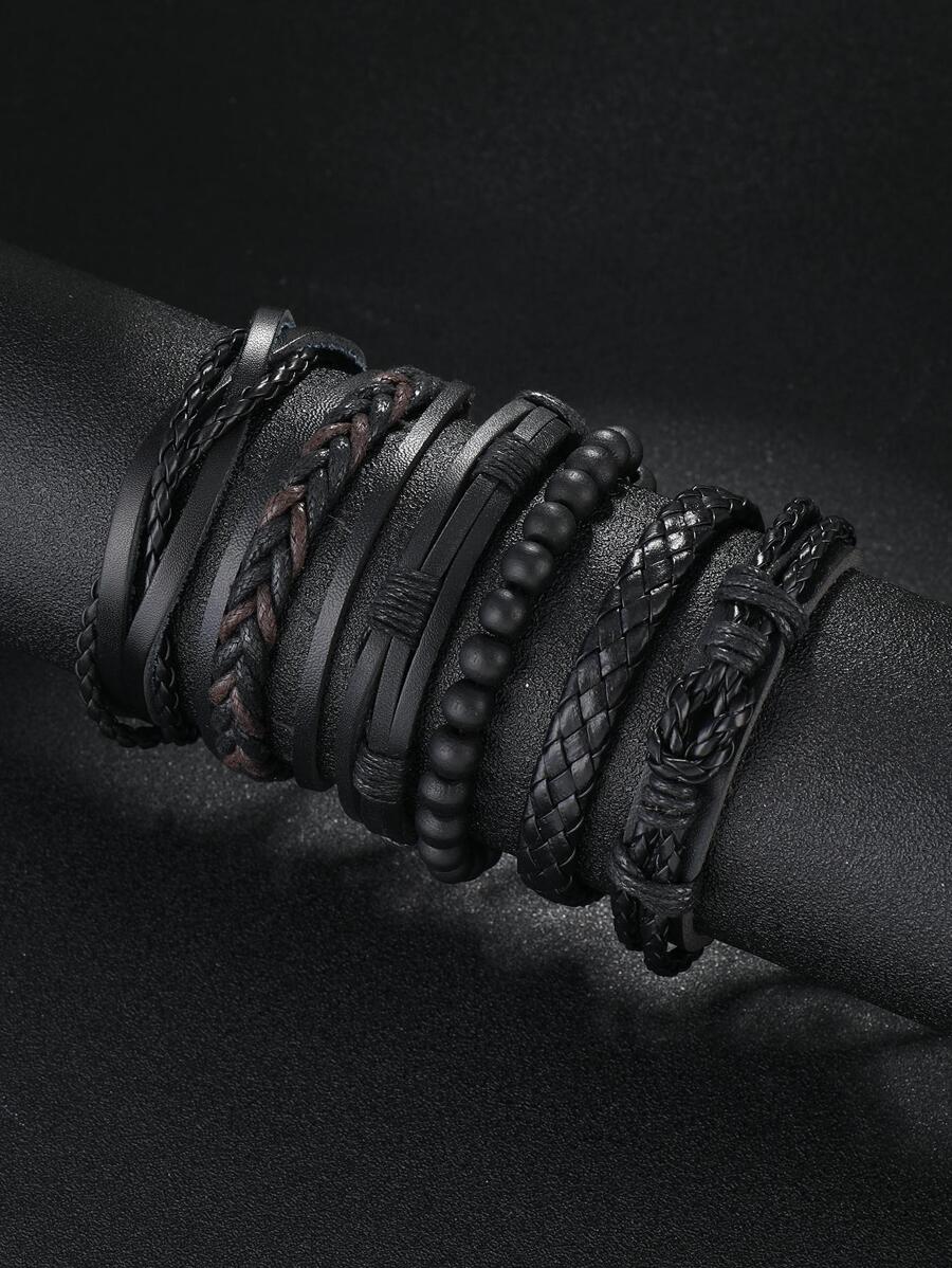 6 件复古编织皮革手链 DIY 套装，男士腕带配饰适合日常佩戴，是送给朋友和家人的绝佳礼物 - 黑色 - 查看 1