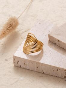 1 件女士时尚夸张镂空波浪几何线条不锈钢戒指 - 金黃色 - 查看 2