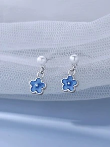 Flower & Faux Pearl Decor Drop Earrings - Silver - View 2