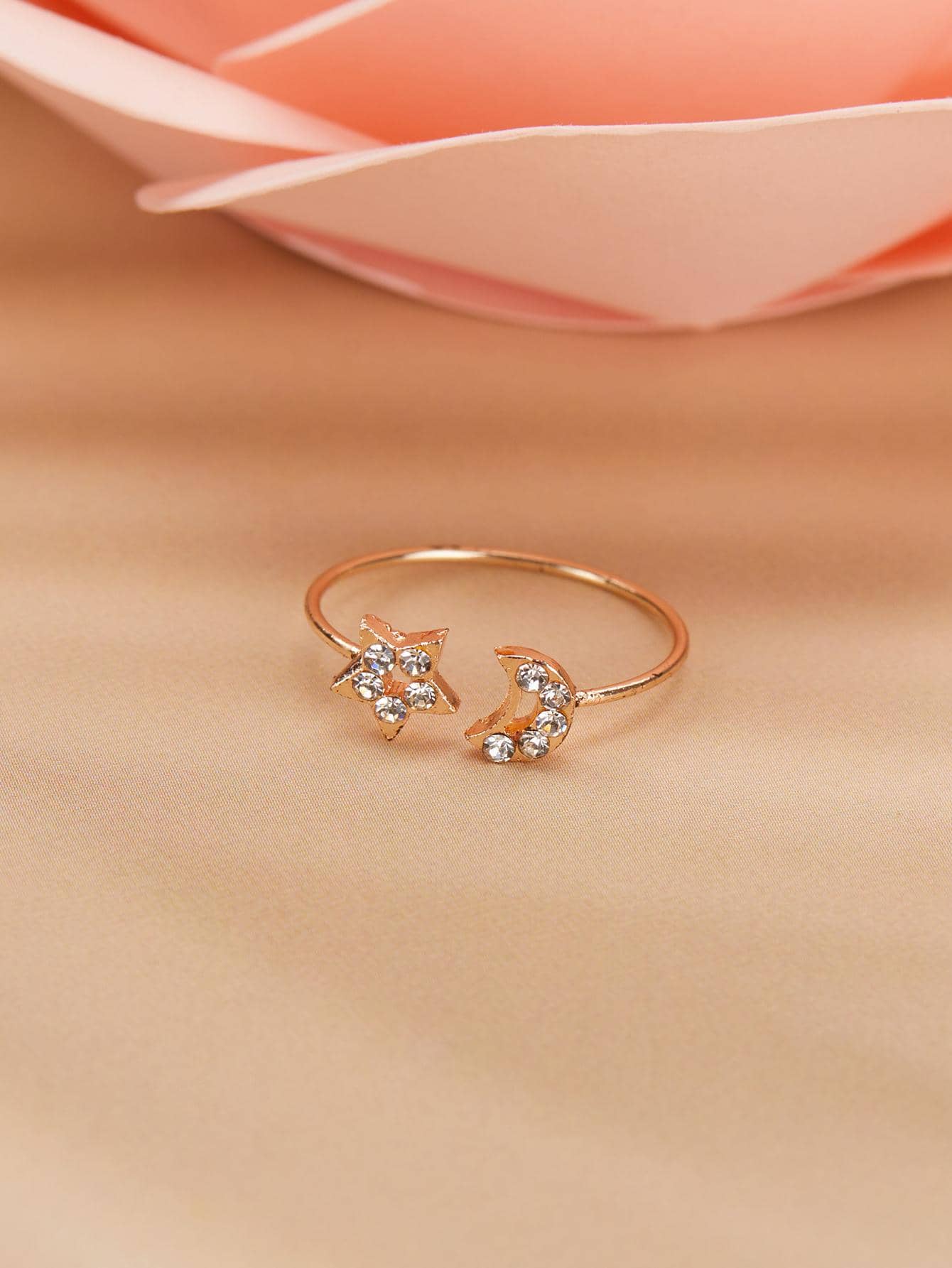 Cubic Zirconia Moon & Star Decor Cuff Ring - Rose Gold - View 1