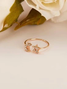 Cubic Zirconia Moon & Star Decor Cuff Ring - Rose Gold - View 2