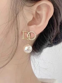 1 对奢华法式仿珍珠耳环，2025 年新款韩式时尚高端耳环，复古春季女士珠宝 - 金色 - 查看 3