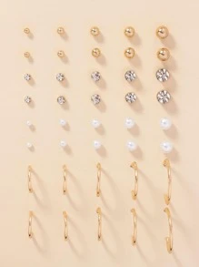 20pairs/Set Women's Simple And Cute Faux Pearl & Rhinestone Decor Iron C Design Stud Earrings In Multiple Sizes For Travel