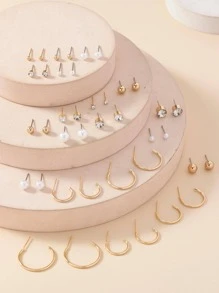 20pairs/Set Women's Simple And Cute Faux Pearl & Rhinestone Decor Iron C Design Stud Earrings In Multiple Sizes For Travel