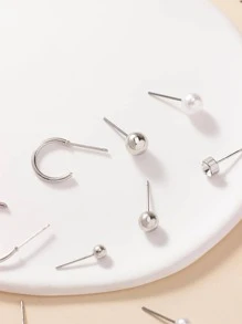 20pairs/Set Women Simple & Cute Faux Pearl & Rhinestone & Iron C Design Stud Earrings In Various Sizes For Travel - Silver - View 6