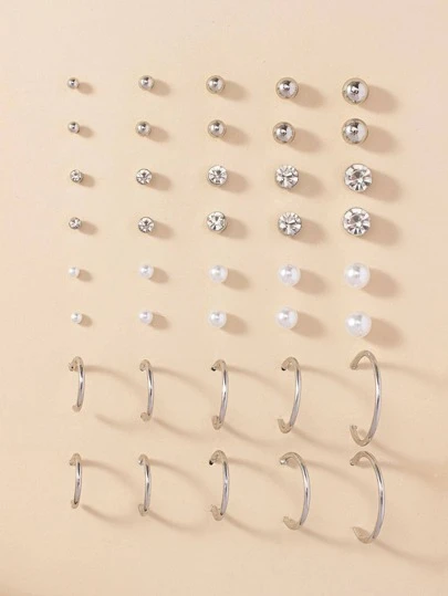 20雙/組女性簡單可愛假珍珠、鑽石、鐵製c設計耳針,不同大小適用於旅行