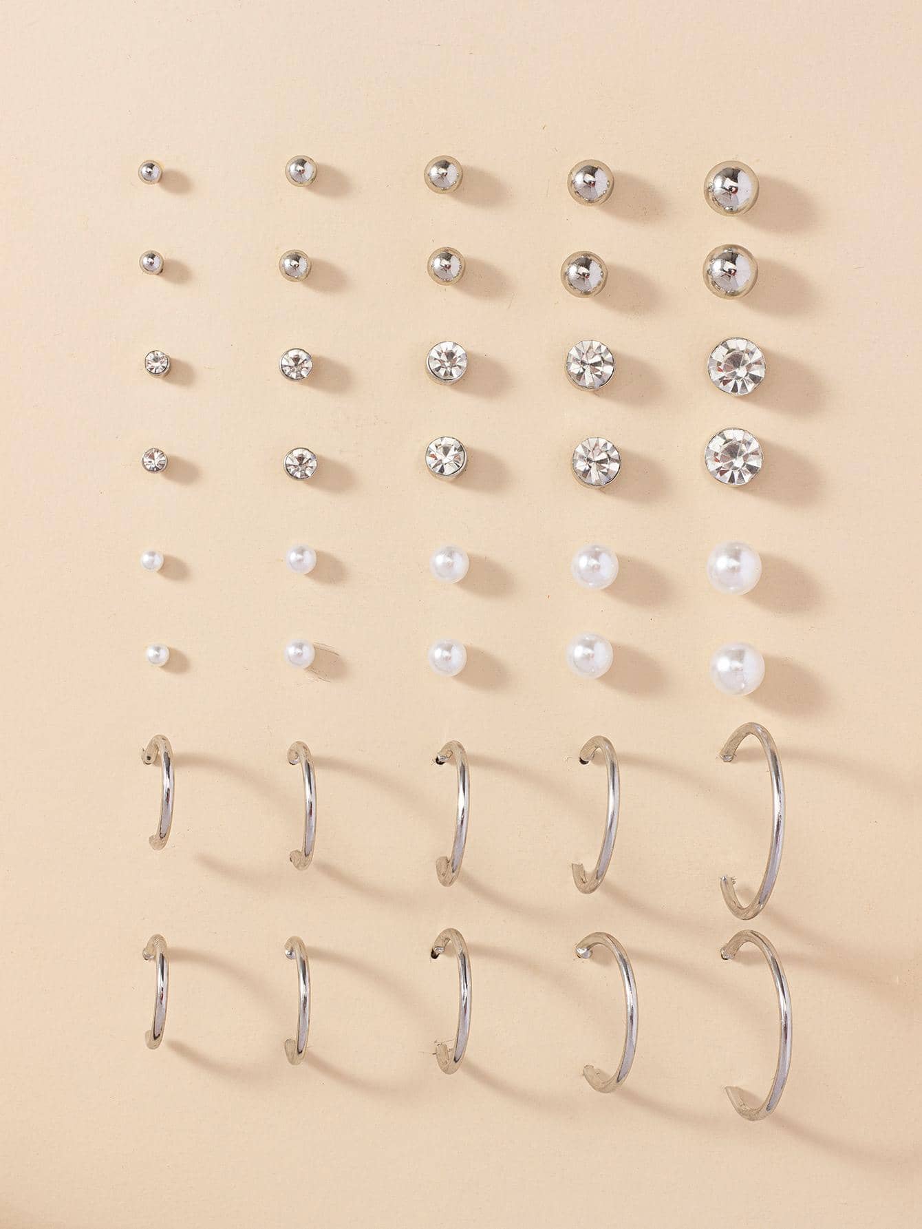 20pairs/Set Women Simple & Cute Faux Pearl & Rhinestone & Iron C Design Stud Earrings In Various Sizes For Travel - Silver - View 1